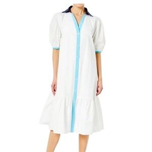 NWT Addison Bay Isle Dress White Blue Trim Cotton Shirt Dress Tuckernuck Style L